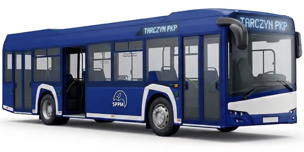 Niebieski autobus z logiem SPPM
